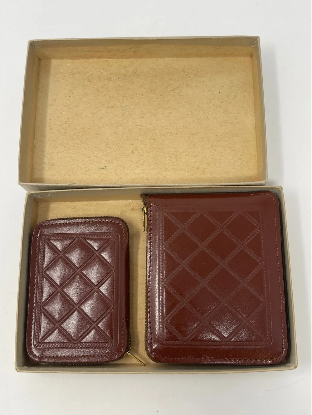 Vintage Pilgrim Amity Brown Leather Zip Wallet & Key Case Set Diamond Quilted
